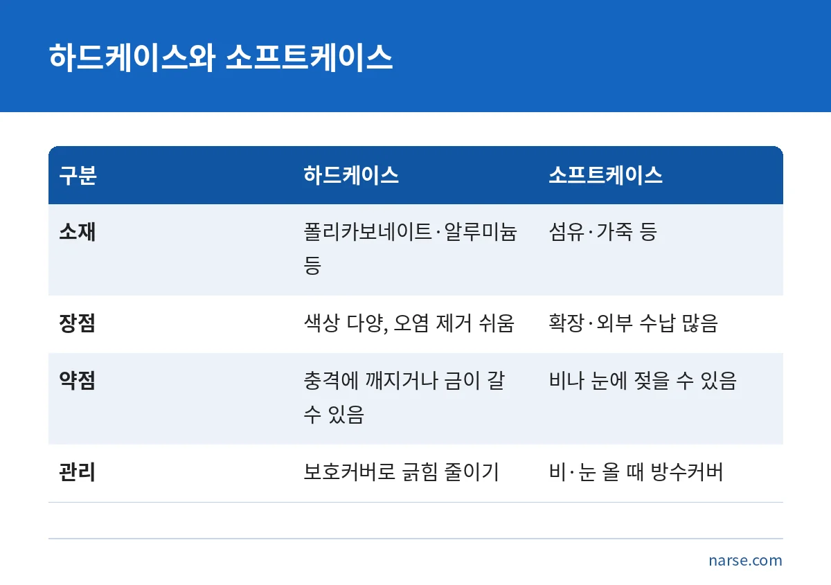 하드케이스와 소프트케이스의 소재, 장점, 약점, 관리 방법 비교표